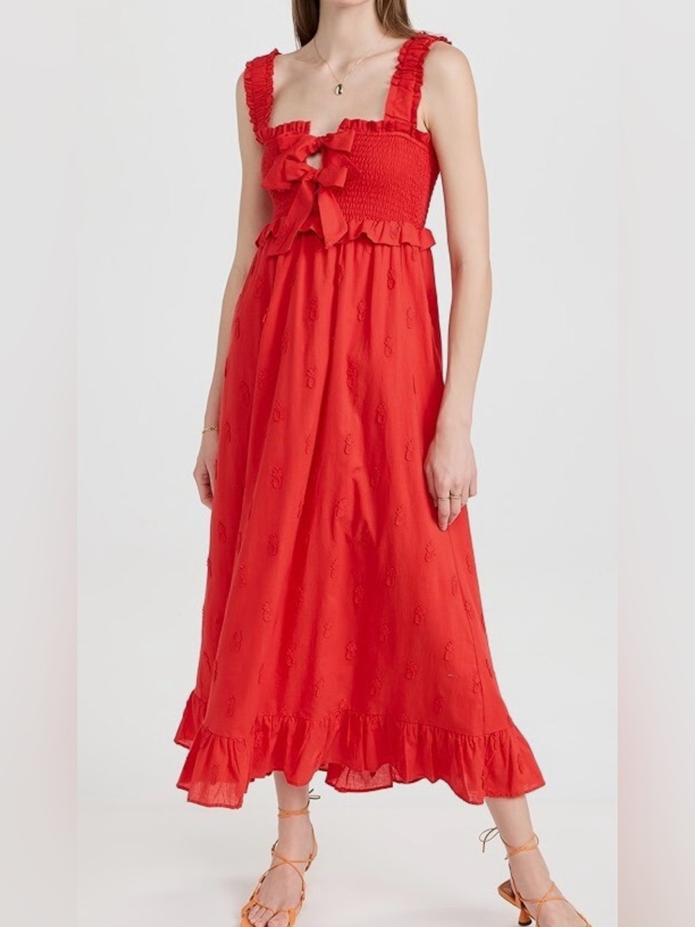 Red Ruffle Midi Dress with Front Bow